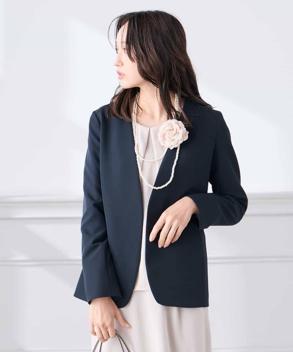 KADCD01099 a.v.v Elmi(アー・ヴェ・ヴェ) 【低身長サイズ】【洗える/ストレッチ/セットアップ対応】ダブルクロスVネックノーカラージャケット ネイビー