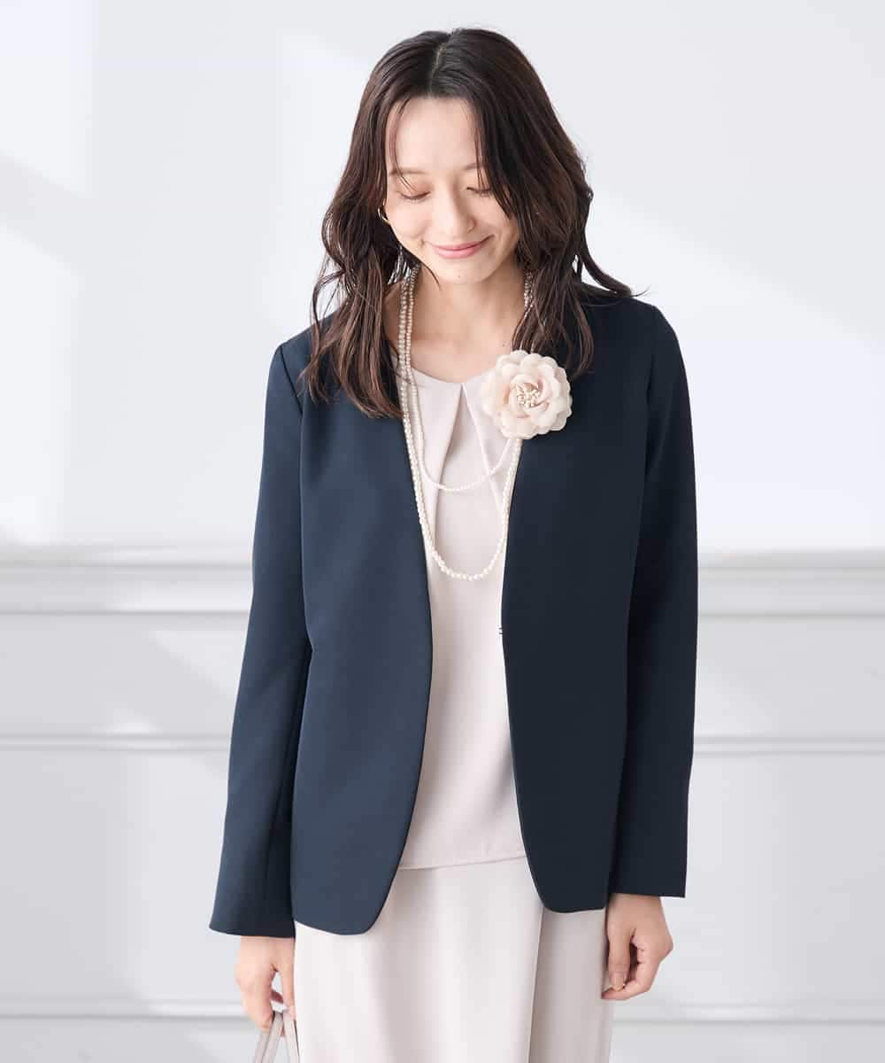 KADCD01099 a.v.v Elmi(アー・ヴェ・ヴェ) 【低身長サイズ】【洗える/ストレッチ/セットアップ対応】ダブルクロスVネックノーカラージャケット ネイビー