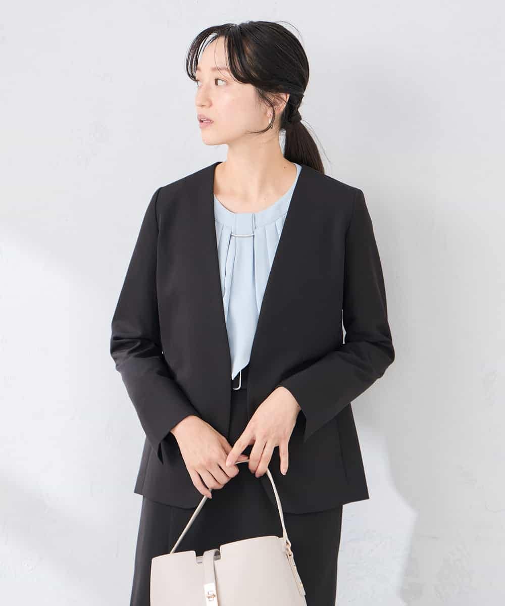 KADCD01099 a.v.v Elmi(アー・ヴェ・ヴェ) 【低身長サイズ】【洗える/ストレッチ/セットアップ対応】ダブルクロスVネックノーカラージャケット ネイビー