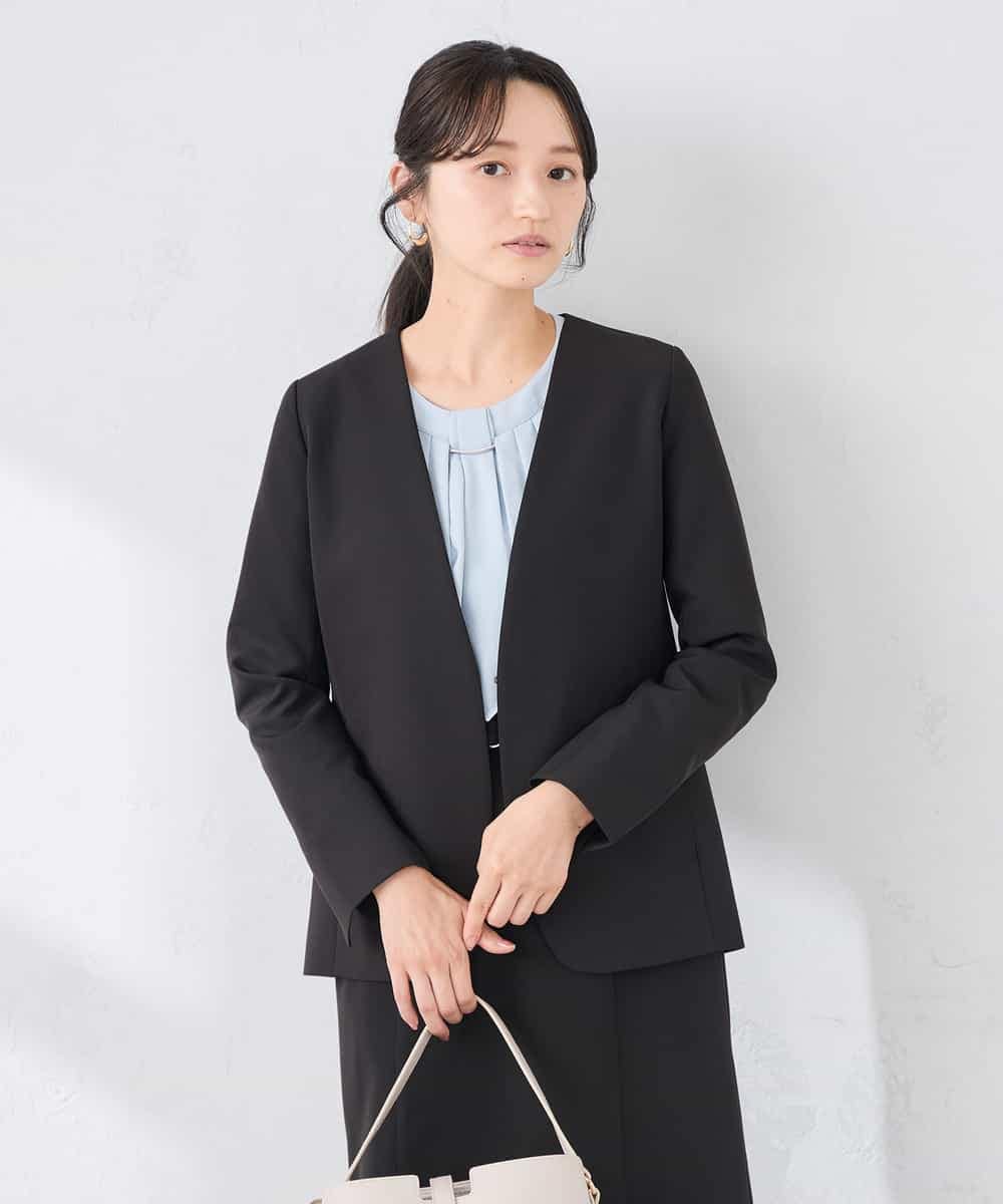 KADCD01099 a.v.v Elmi(アー・ヴェ・ヴェ) 【低身長サイズ】【洗える/ストレッチ/セットアップ対応】ダブルクロスVネックノーカラージャケット ネイビー