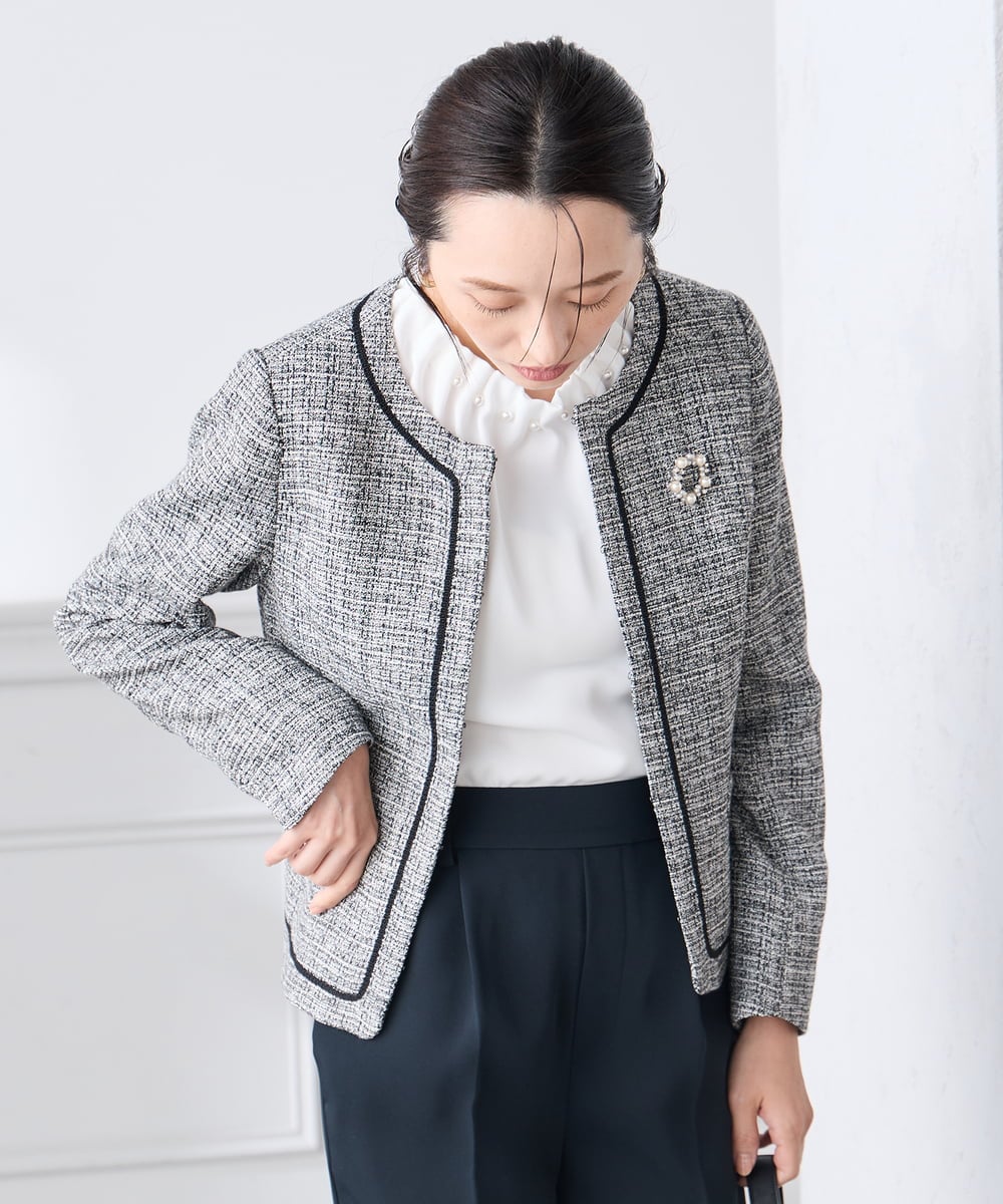 KADCD05139 a.v.v Elmi(アー・ヴェ・ヴェ) 【低身長サイズ】【ストレッチ】ツイードノーカラージャケット ネイビー