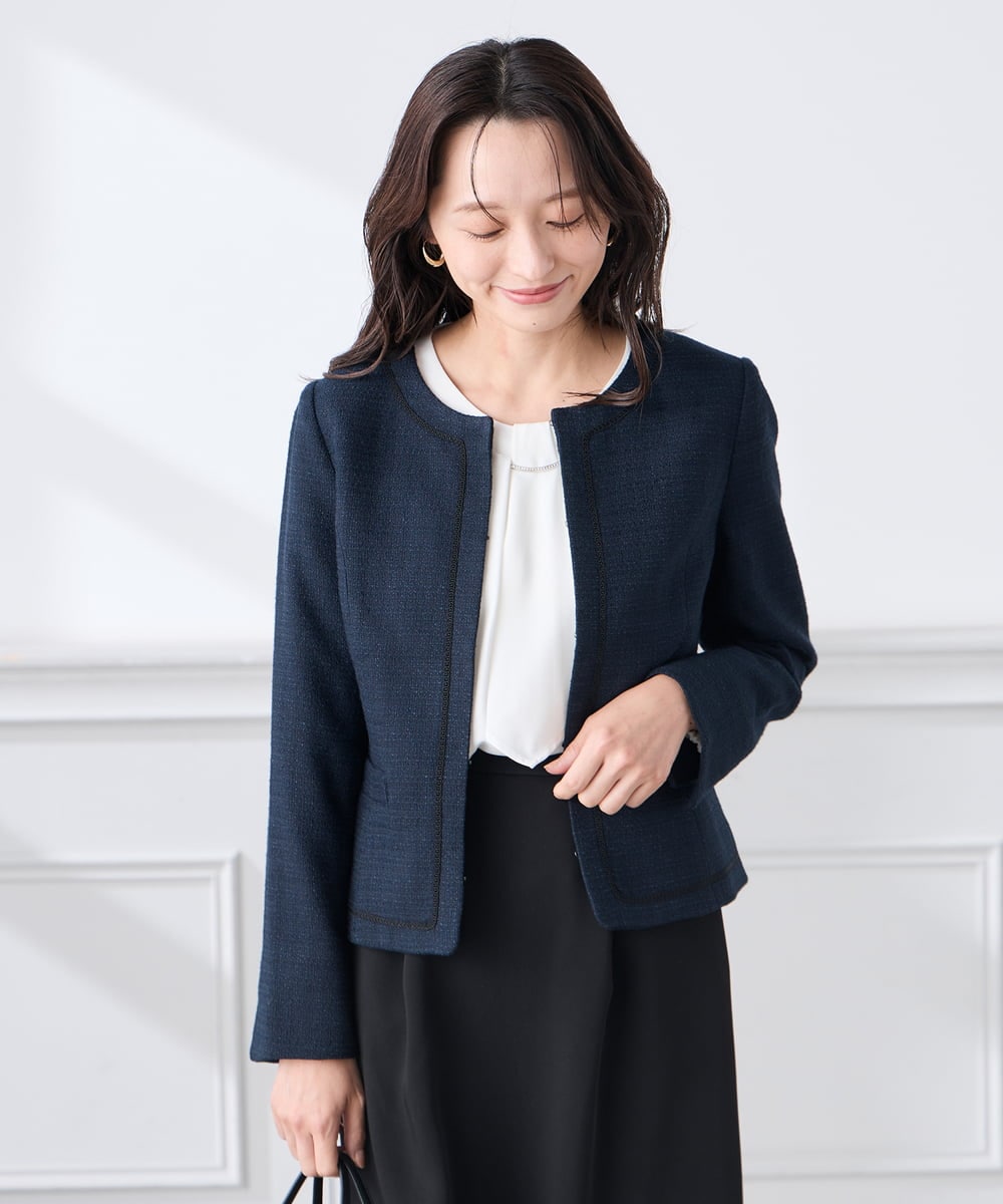 KADCD05139 a.v.v Elmi(アー・ヴェ・ヴェ) 【低身長サイズ】【ストレッチ】ツイードノーカラージャケット ネイビー