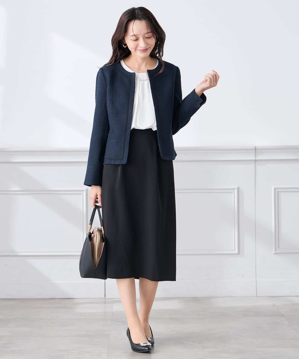 KADCD05139 a.v.v Elmi(アー・ヴェ・ヴェ) 【低身長サイズ】【ストレッチ】ツイードノーカラージャケット ネイビー