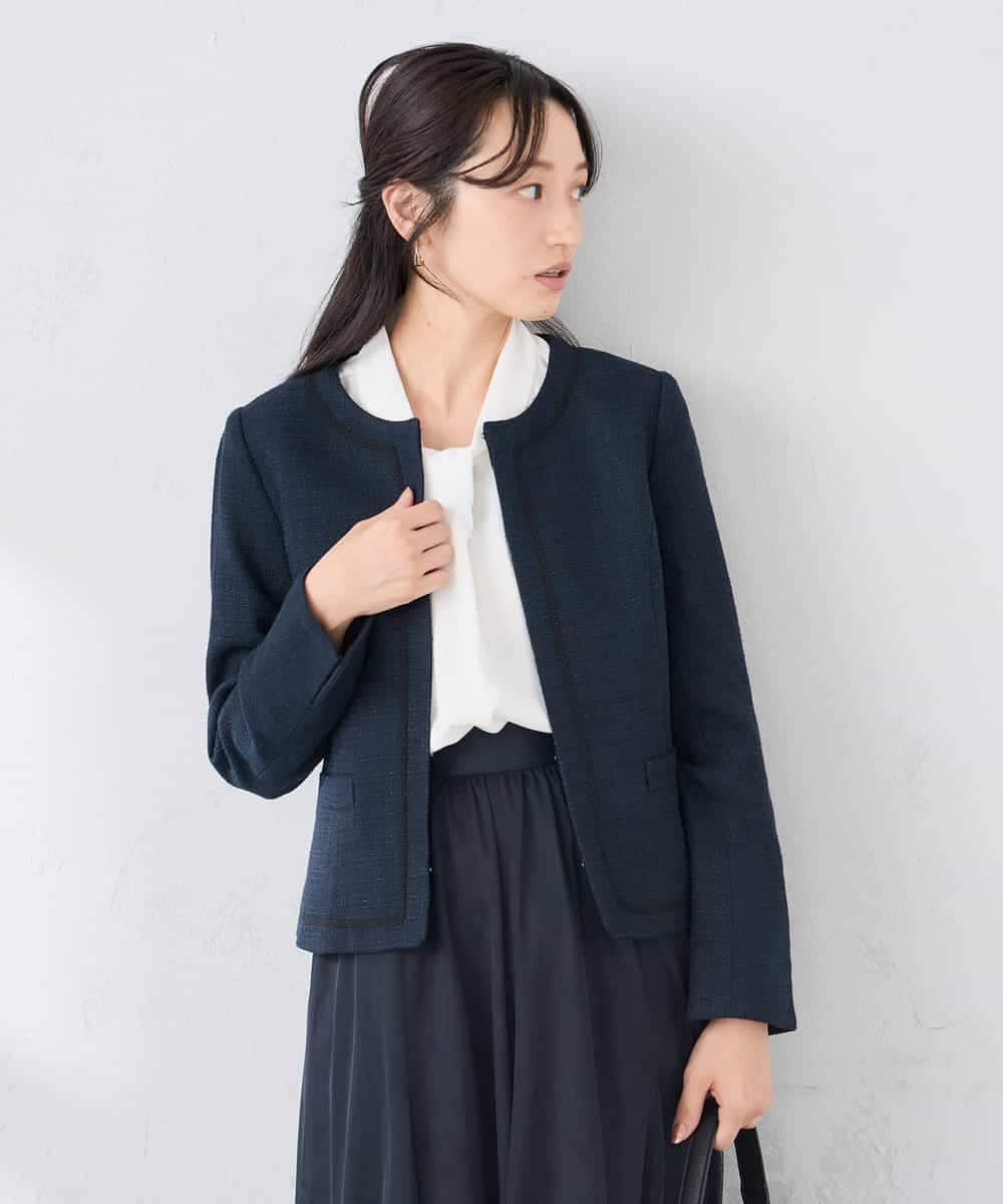 KADCD05139 a.v.v Elmi(アー・ヴェ・ヴェ) 【低身長サイズ】【ストレッチ】ツイードノーカラージャケット ネイビー