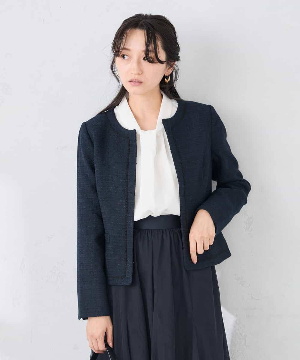 KADCD05139 a.v.v Elmi(アー・ヴェ・ヴェ) 【低身長サイズ】【ストレッチ】ツイードノーカラージャケット ネイビー