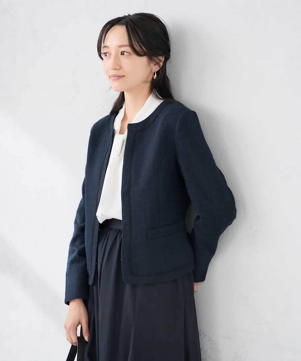 KADCD05139 a.v.v Elmi(アー・ヴェ・ヴェ) 【低身長サイズ】【ストレッチ】ツイードノーカラージャケット ネイビー