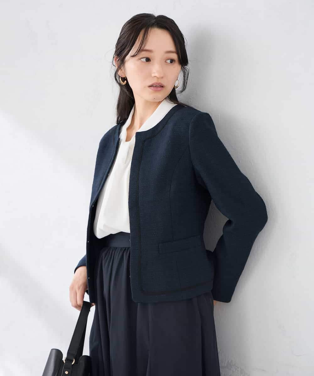 KADCD05139 a.v.v Elmi(アー・ヴェ・ヴェ) 【低身長サイズ】【ストレッチ】ツイードノーカラージャケット ネイビー