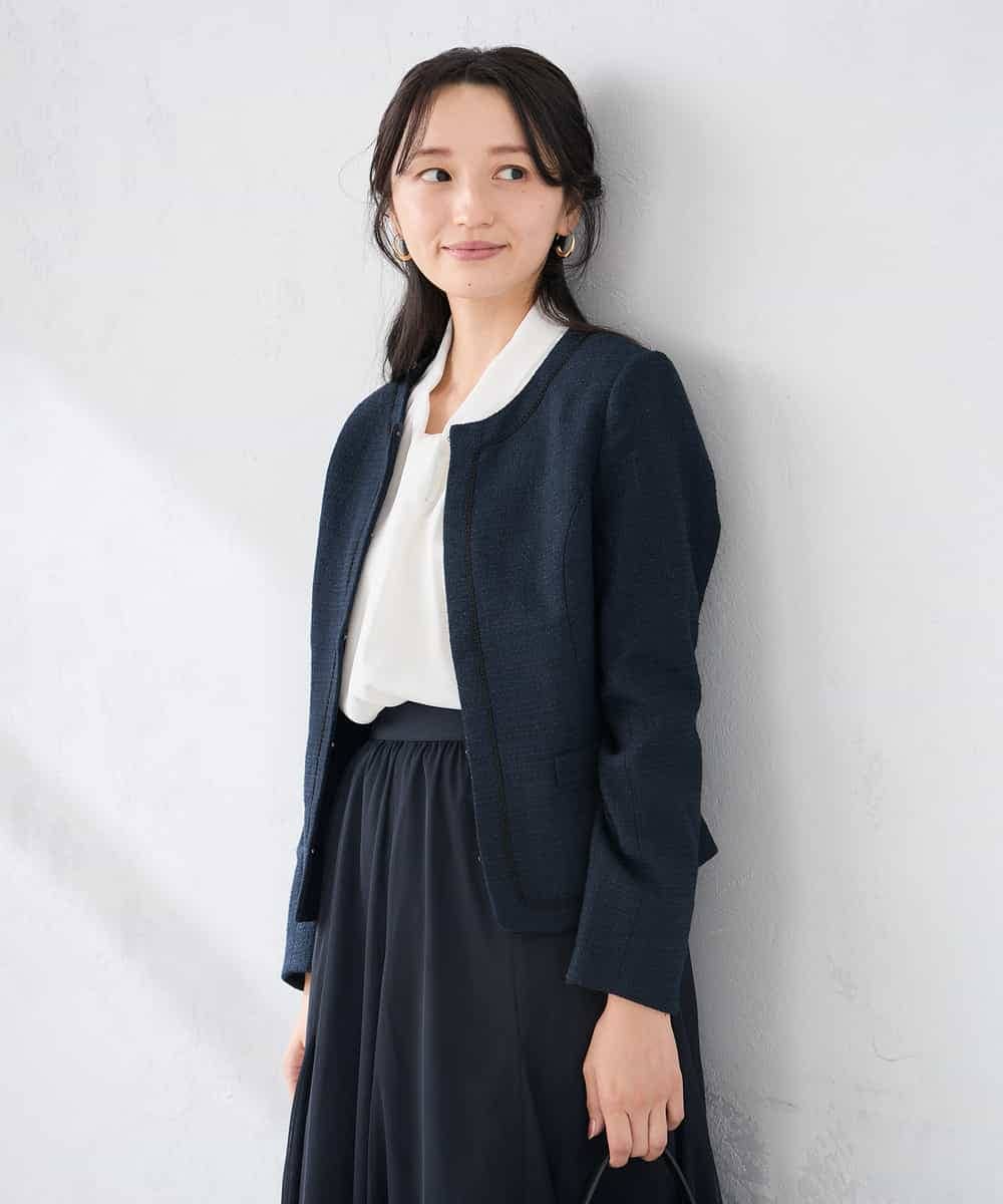 KADCD05139 a.v.v Elmi(アー・ヴェ・ヴェ) 【低身長サイズ】【ストレッチ】ツイードノーカラージャケット ネイビー