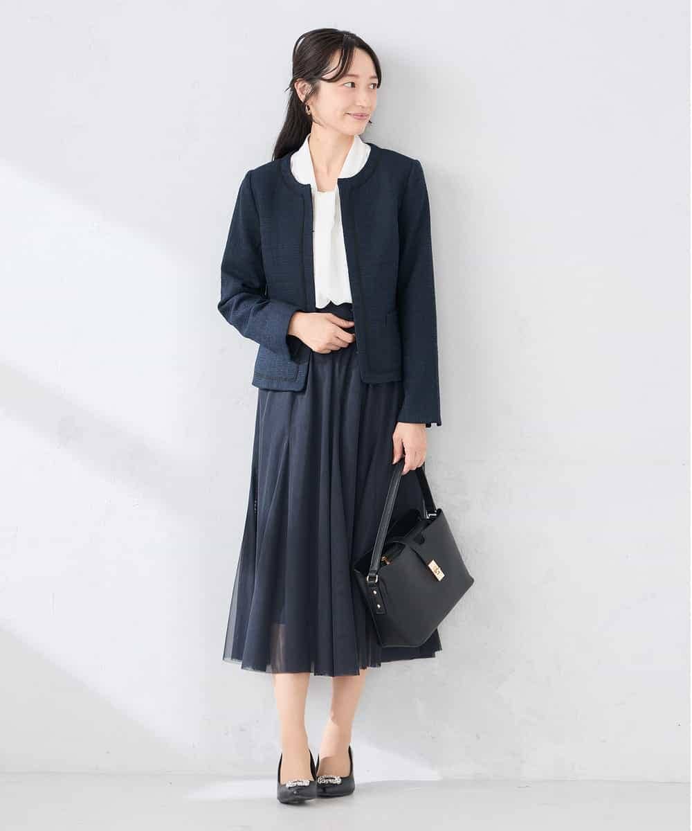 KADCD05139 a.v.v Elmi(アー・ヴェ・ヴェ) 【低身長サイズ】【ストレッチ】ツイードノーカラージャケット ネイビー