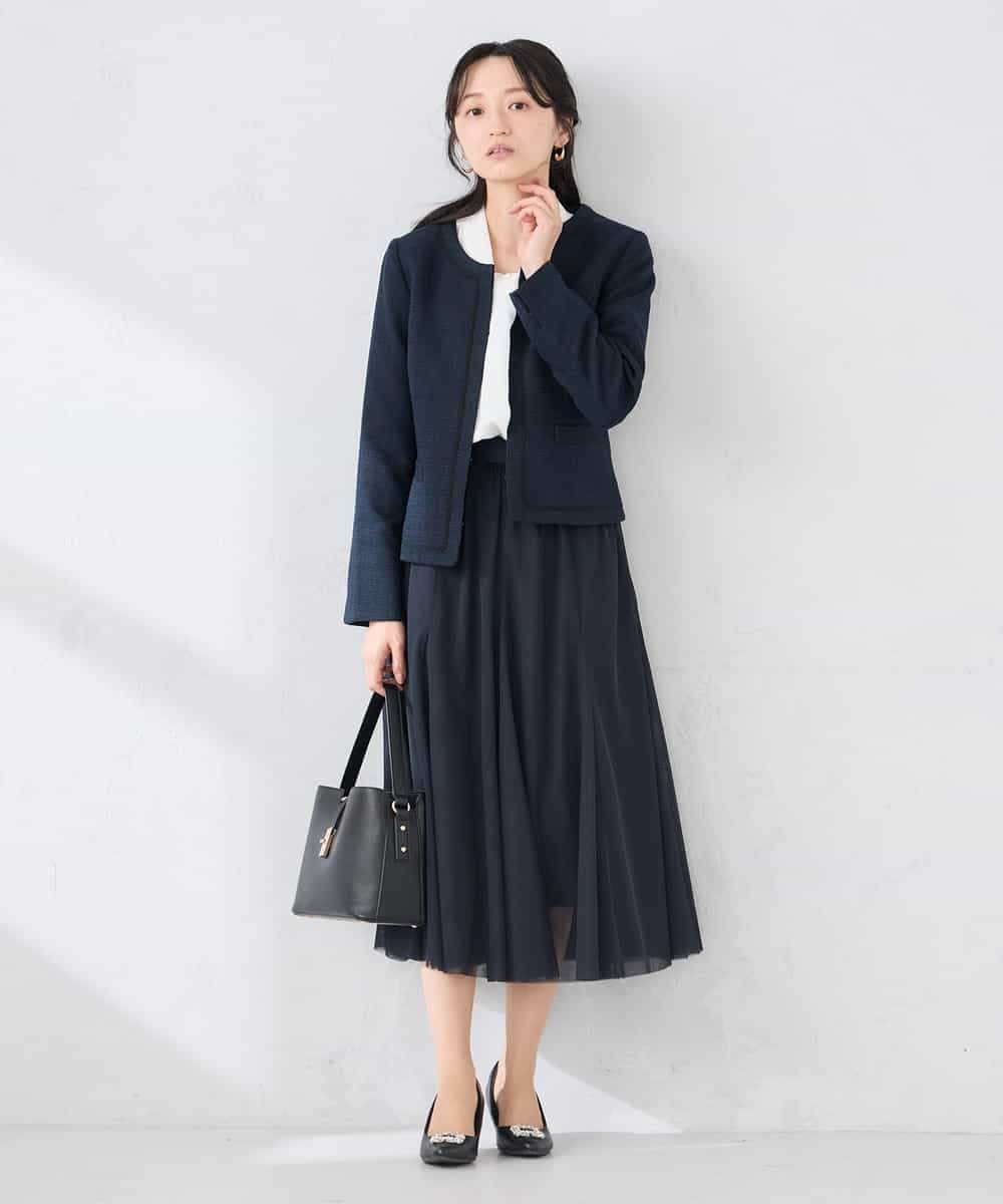 KADCD05139 a.v.v Elmi(アー・ヴェ・ヴェ) 【低身長サイズ】【ストレッチ】ツイードノーカラージャケット ネイビー