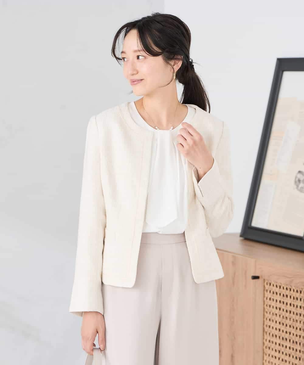 KADCD05139 a.v.v Elmi(アー・ヴェ・ヴェ) 【低身長サイズ】【ストレッチ】ツイードノーカラージャケット ネイビー