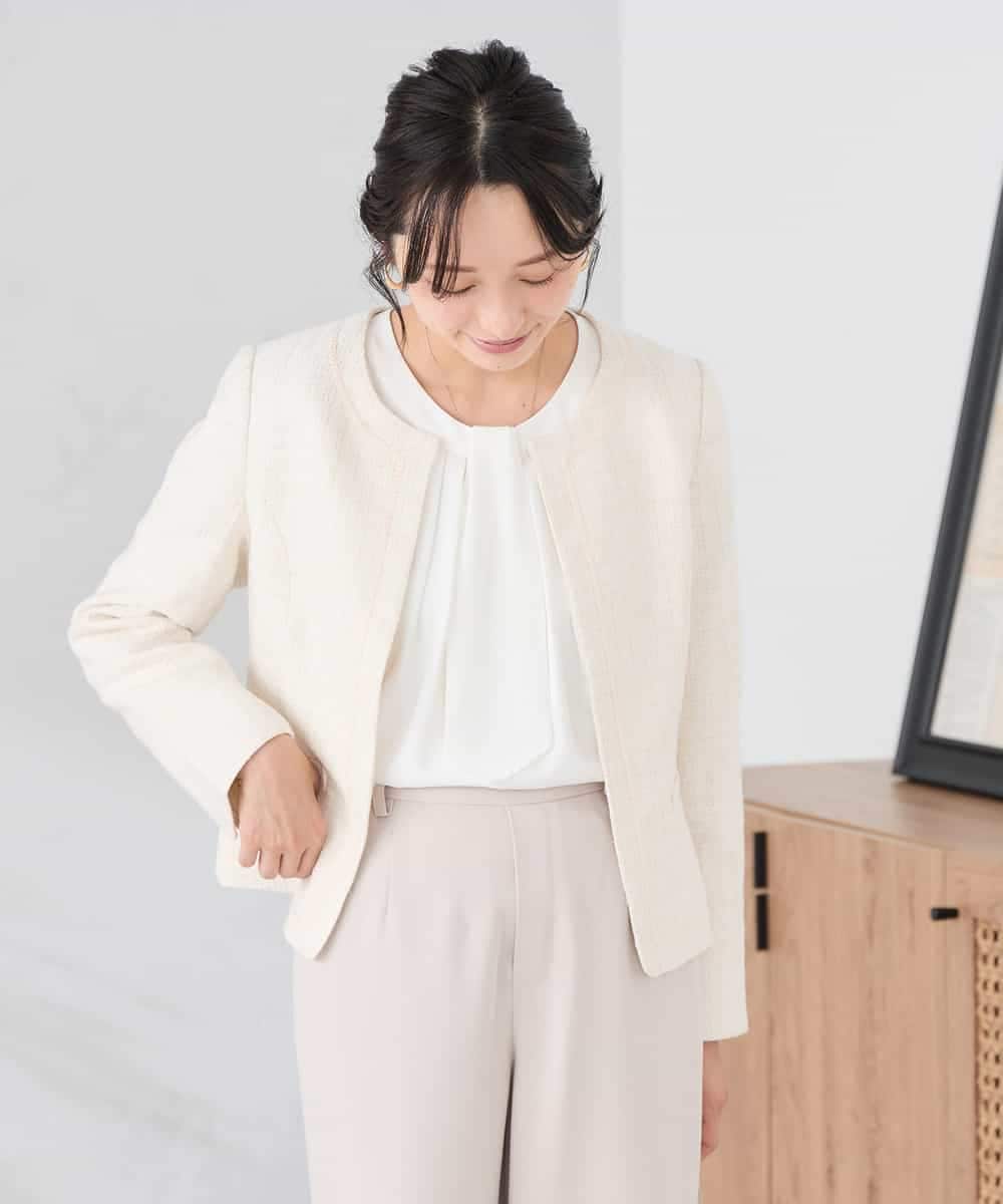 KADCD05139 a.v.v Elmi(アー・ヴェ・ヴェ) 【低身長サイズ】【ストレッチ】ツイードノーカラージャケット ネイビー