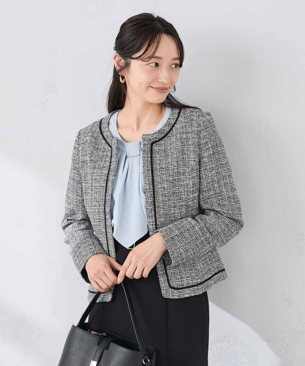 KADCD05139 a.v.v Elmi(アー・ヴェ・ヴェ) 【低身長サイズ】【ストレッチ】ツイードノーカラージャケット ネイビー