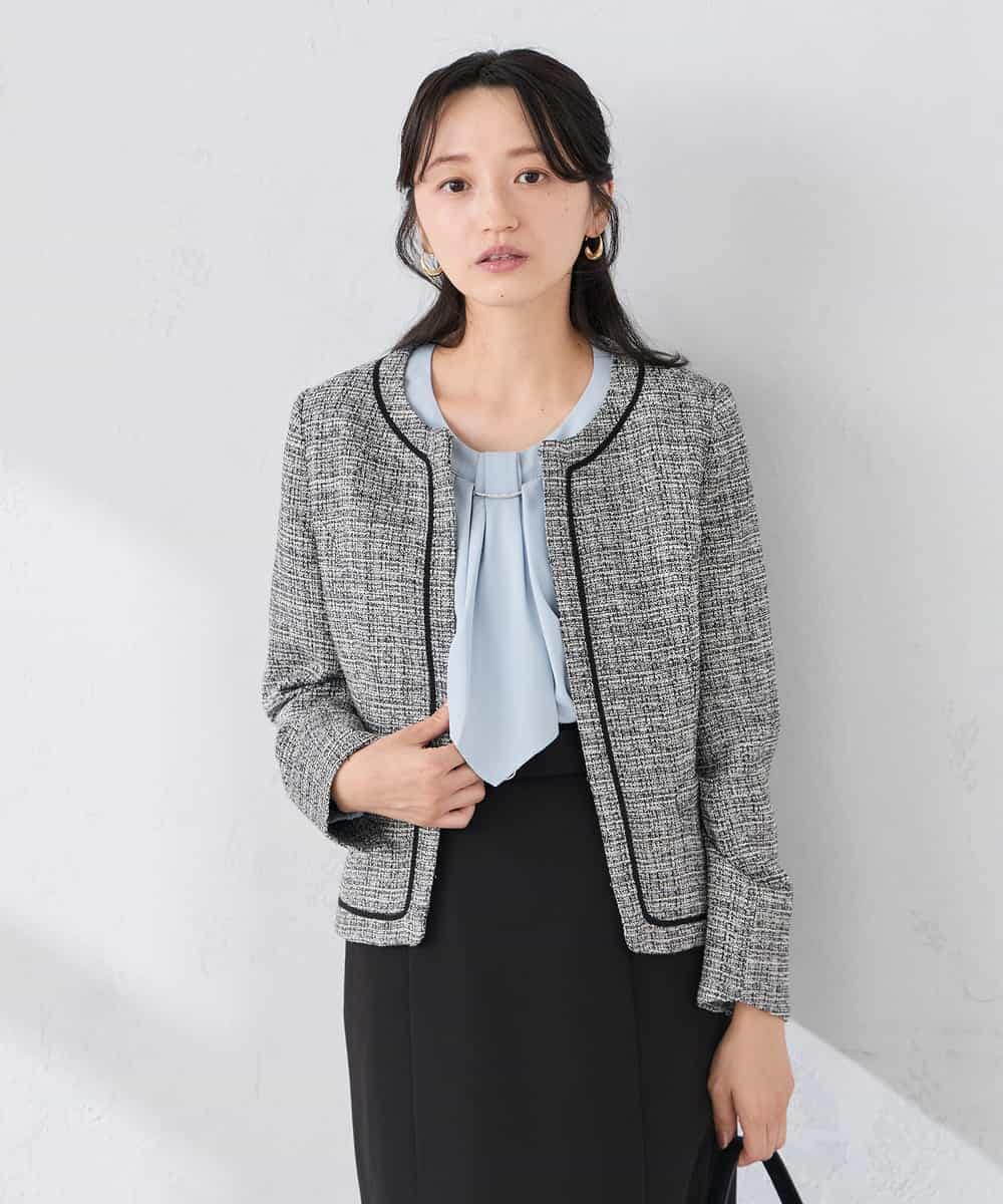 KADCD05139 a.v.v Elmi(アー・ヴェ・ヴェ) 【低身長サイズ】【ストレッチ】ツイードノーカラージャケット ネイビー