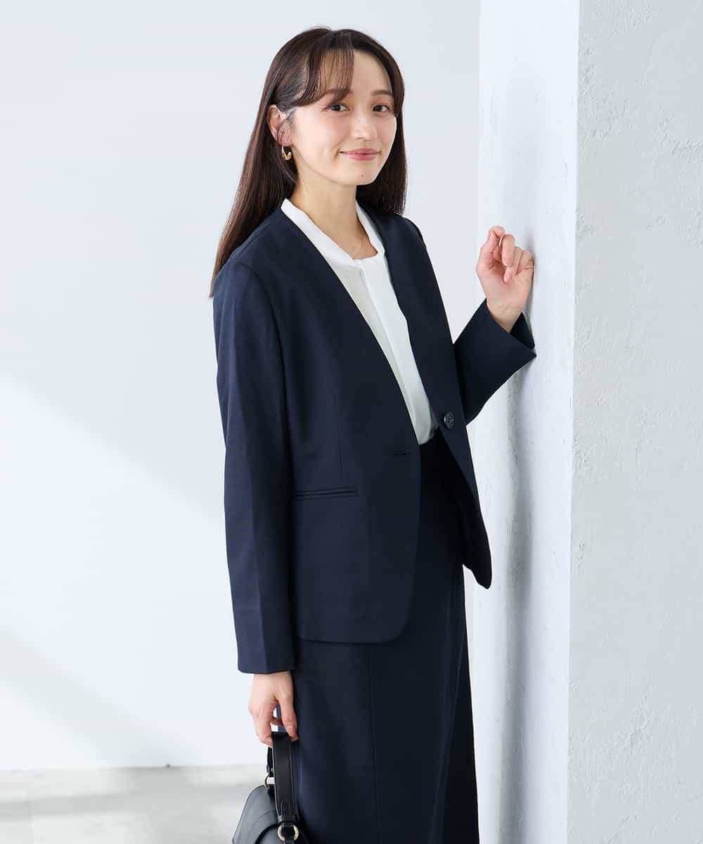 KADFE20109 a.v.v Elmi(アー・ヴェ・ヴェ) 【低身長サイズ】【洗える/UVカット】リネンライクストレッチノーカラージャケット ネイビー