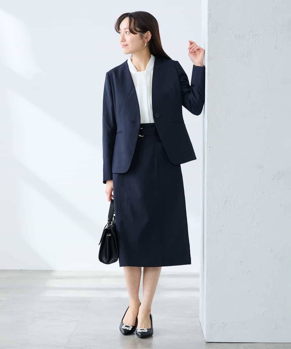 KADFE20109 a.v.v Elmi(アー・ヴェ・ヴェ) 【低身長サイズ】【洗える/UVカット】リネンライクストレッチノーカラージャケット ネイビー