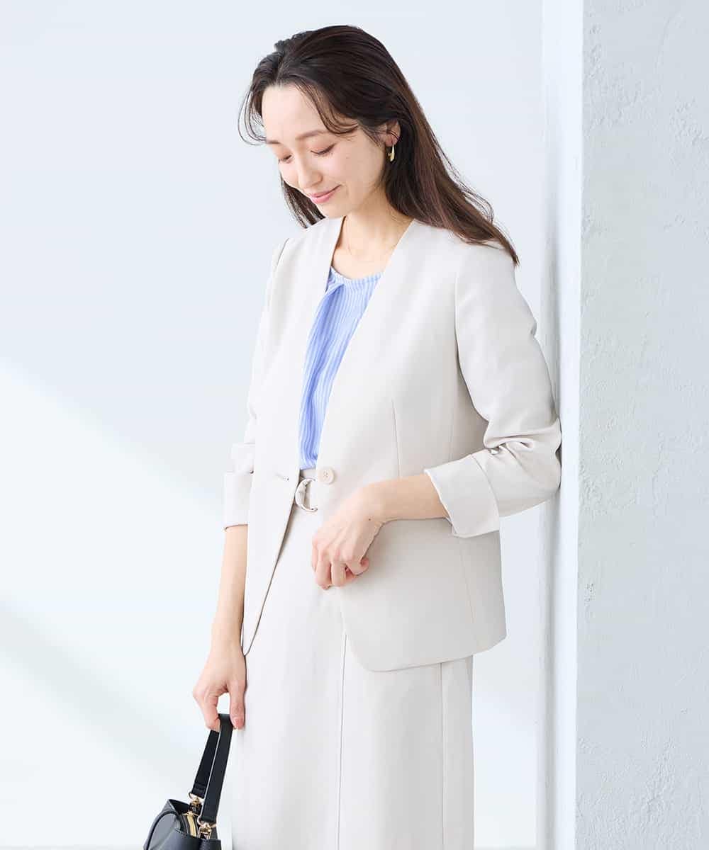 KADFE20109 a.v.v Elmi(アー・ヴェ・ヴェ) 【低身長サイズ】【洗える/UVカット】リネンライクストレッチノーカラージャケット ネイビー