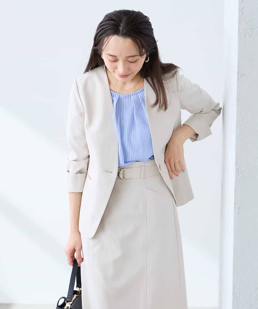 KADFE20109 a.v.v Elmi(アー・ヴェ・ヴェ) 【低身長サイズ】【洗える/UVカット】リネンライクストレッチノーカラージャケット ネイビー