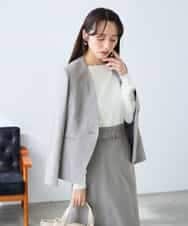 KADFE20109 a.v.v Elmi(アー・ヴェ・ヴェ) 【低身長サイズ】【洗える/UVカット】リネンライクストレッチノーカラージャケット ネイビー