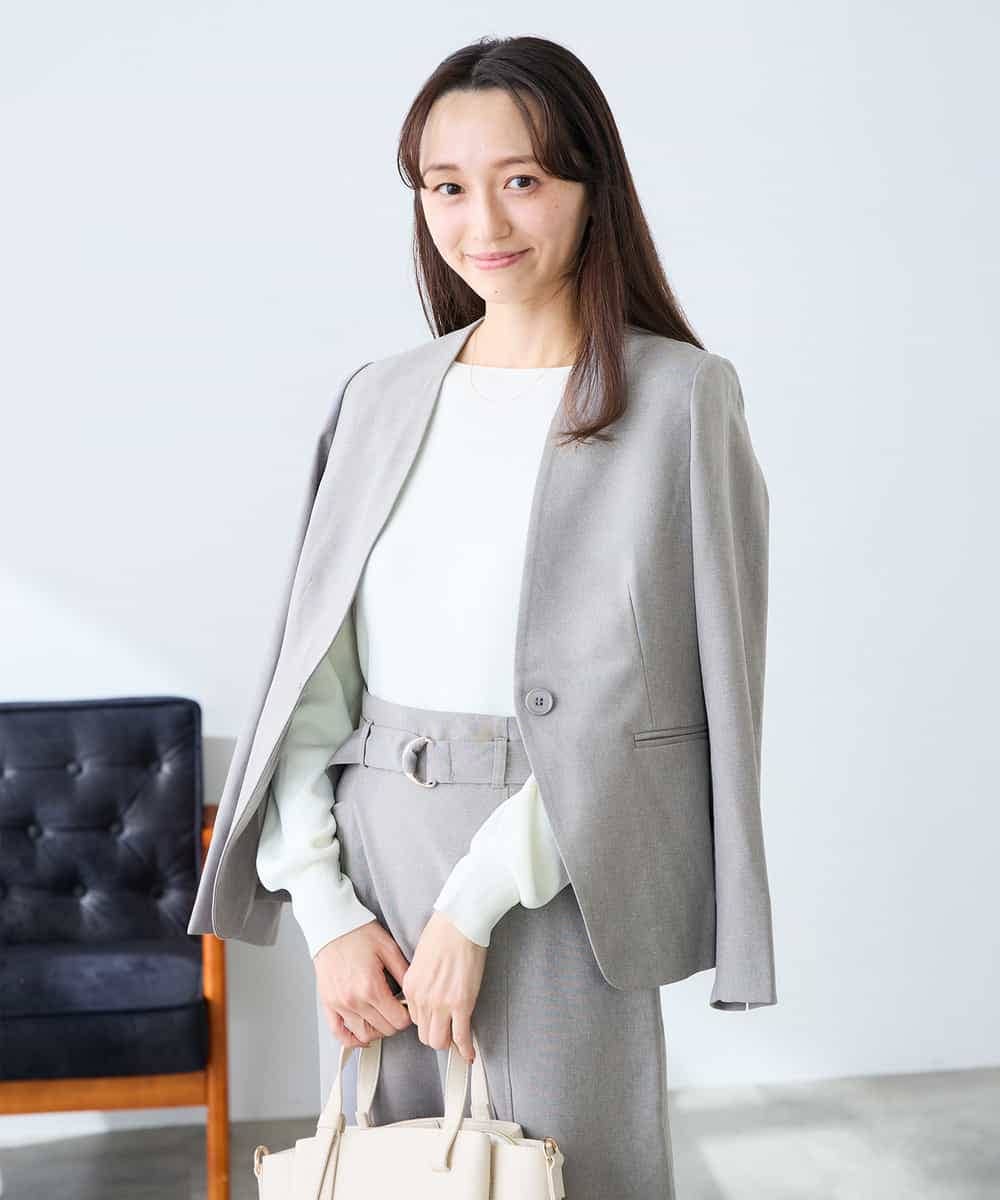 KADFE20109 a.v.v Elmi(アー・ヴェ・ヴェ) 【低身長サイズ】【洗える/UVカット】リネンライクストレッチノーカラージャケット ネイビー