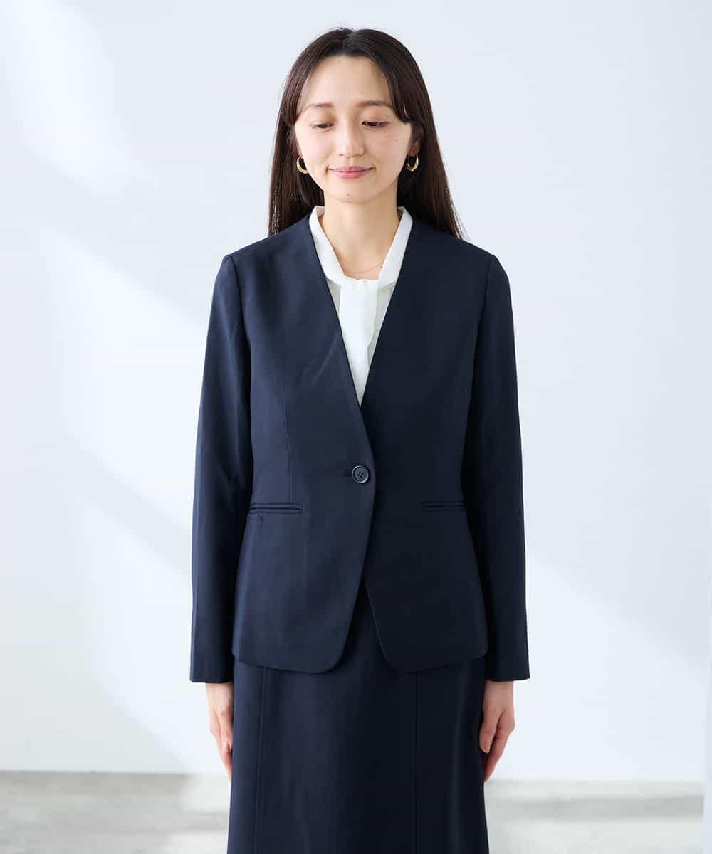 KADFE20109 a.v.v Elmi(アー・ヴェ・ヴェ) 【低身長サイズ】【洗える/UVカット】リネンライクストレッチノーカラージャケット ネイビー