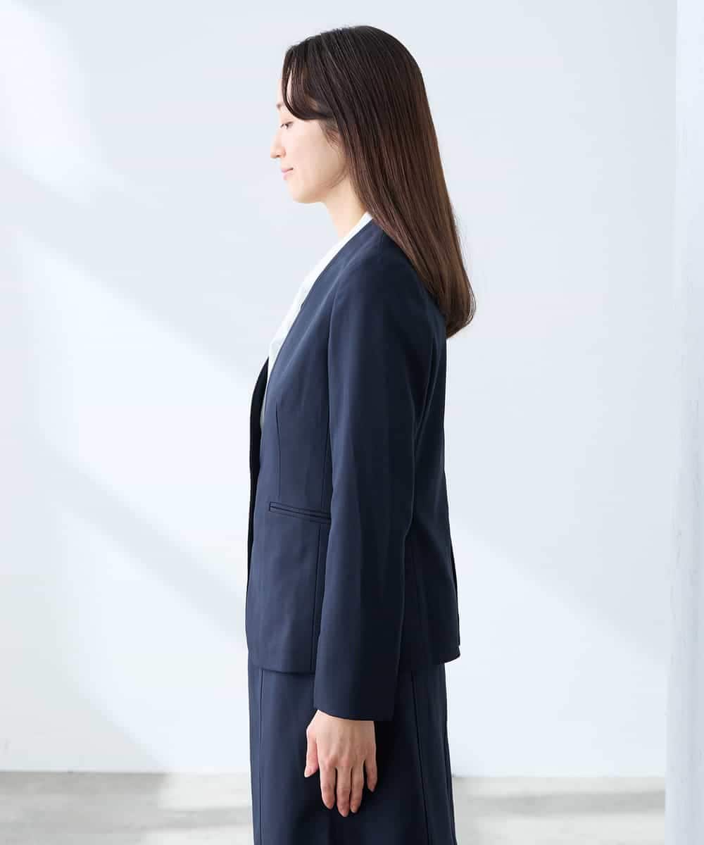 KADFE20109 a.v.v Elmi(アー・ヴェ・ヴェ) 【低身長サイズ】【洗える/UVカット】リネンライクストレッチノーカラージャケット ネイビー