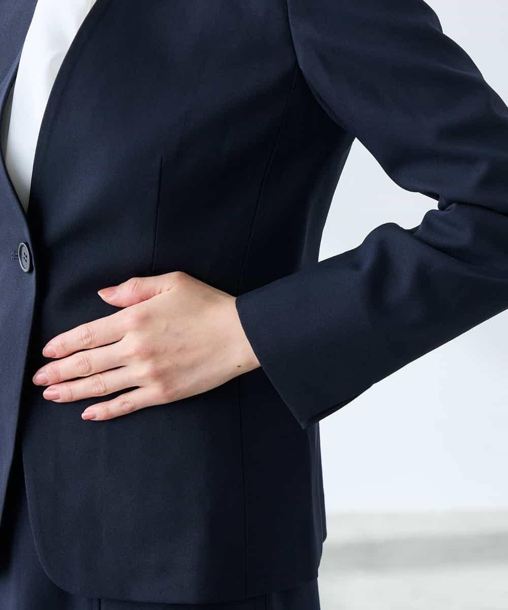 KADFE20109 a.v.v Elmi(アー・ヴェ・ヴェ) 【低身長サイズ】【洗える/UVカット】リネンライクストレッチノーカラージャケット ネイビー