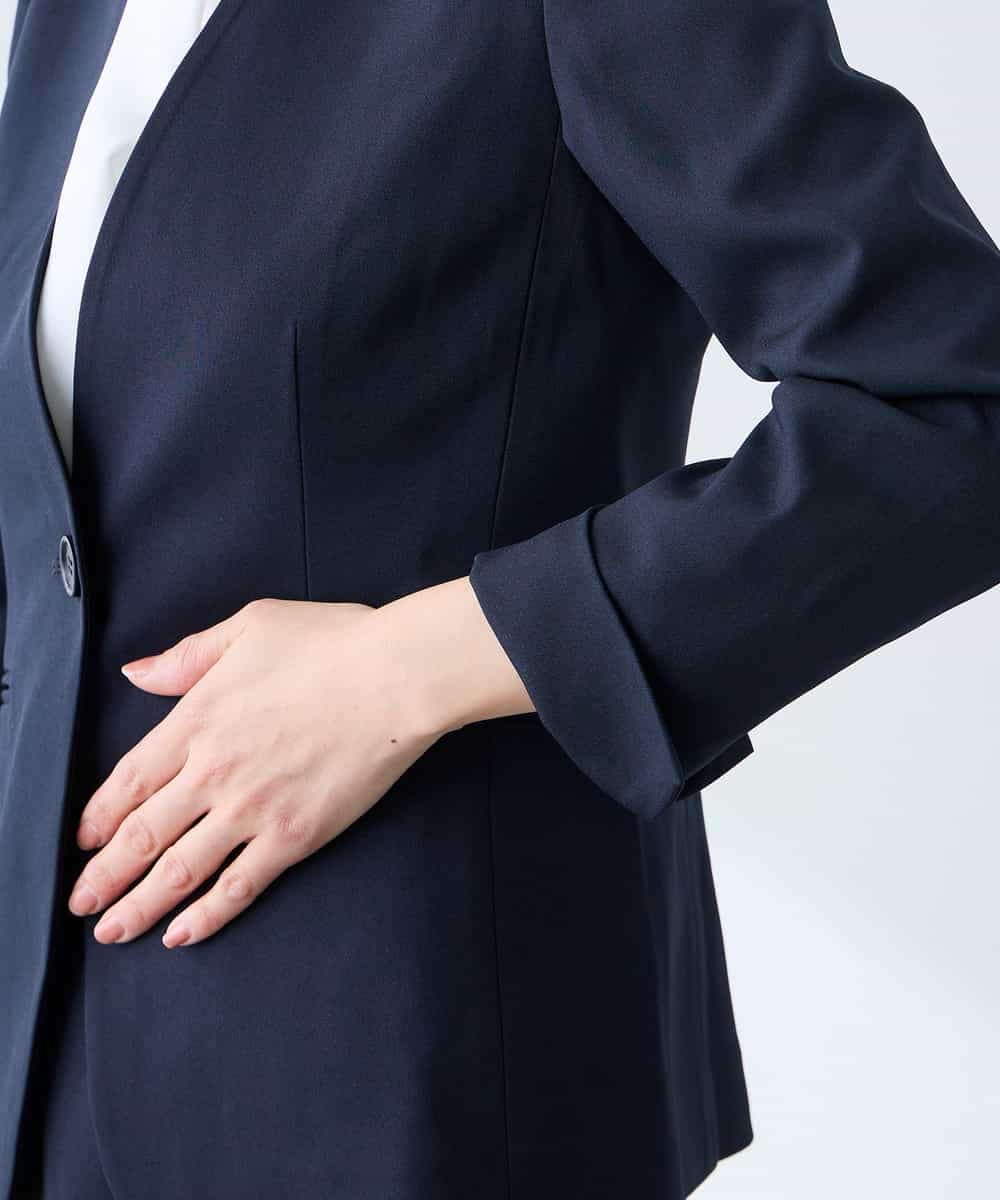 KADFE20109 a.v.v Elmi(アー・ヴェ・ヴェ) 【低身長サイズ】【洗える/UVカット】リネンライクストレッチノーカラージャケット ネイビー