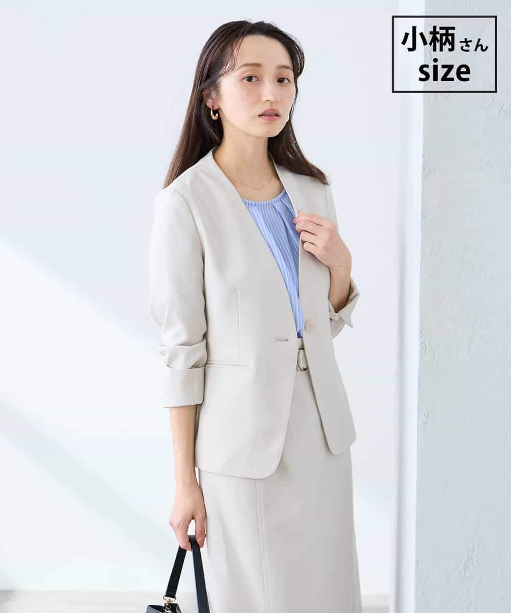 KADFE20109 a.v.v Elmi(アー・ヴェ・ヴェ) 【低身長サイズ】【洗える/UVカット】リネンライクストレッチノーカラージャケット ベージュ