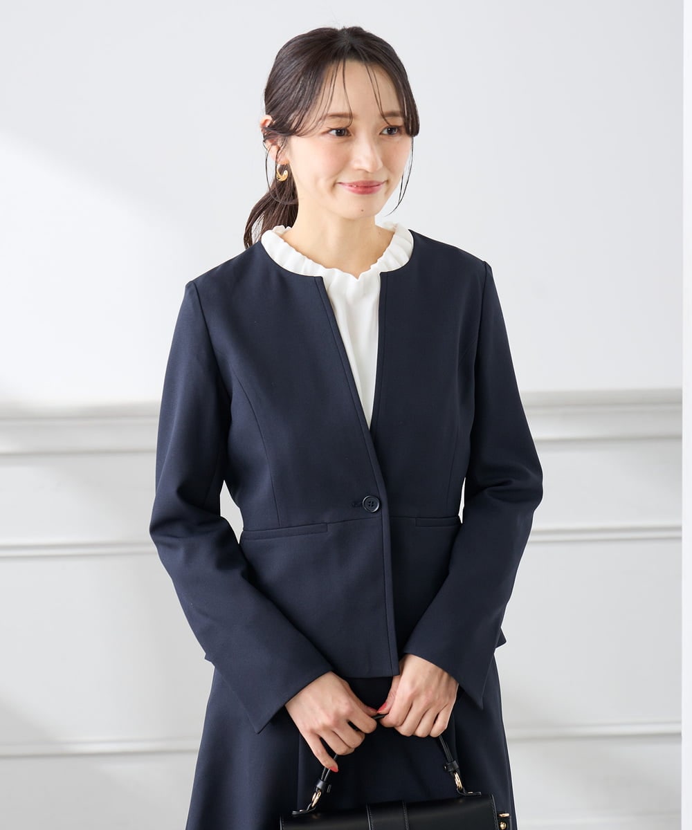 KADFE21109 a.v.v Elmi(アー・ヴェ・ヴェ) 【低身長サイズ】【洗える/UVカット】リネンライクストレッチキーネックジャケット ネイビー