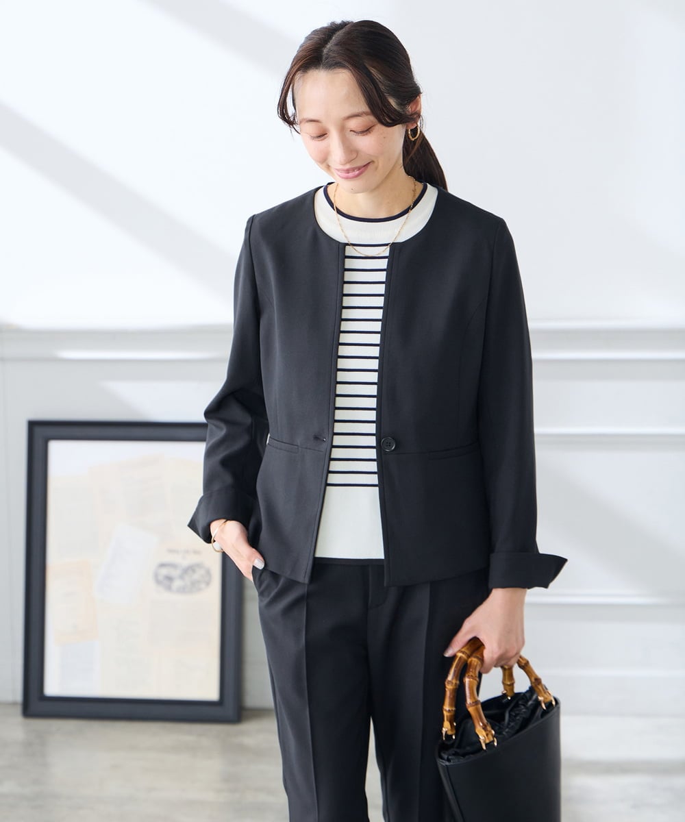 KADFE21109 a.v.v Elmi(アー・ヴェ・ヴェ) 【低身長サイズ】【洗える/UVカット】リネンライクストレッチキーネックジャケット ネイビー