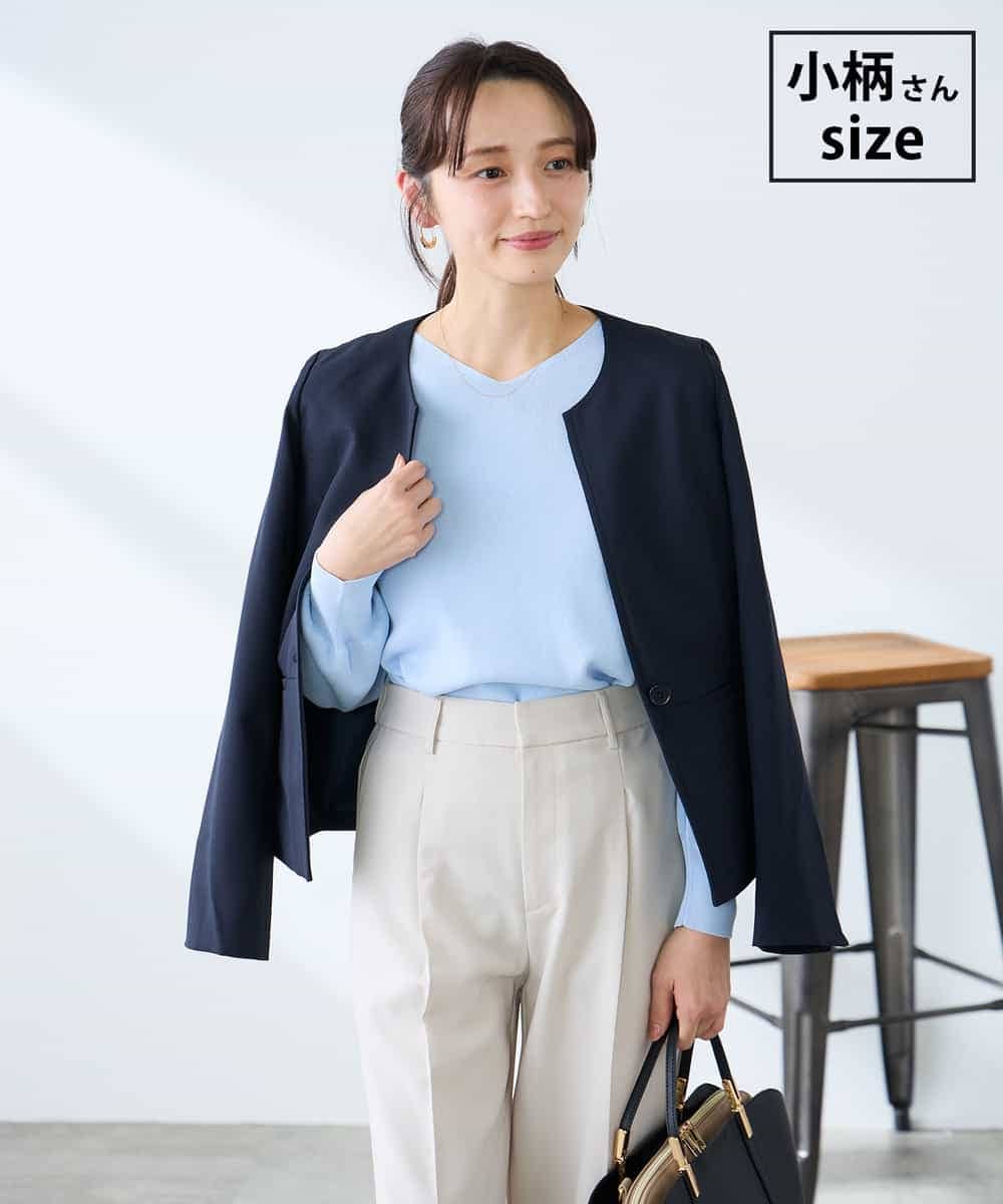 KADFE21109 a.v.v Elmi(アー・ヴェ・ヴェ) 【低身長サイズ】【洗える/UVカット】リネンライクストレッチキーネックジャケット ネイビー