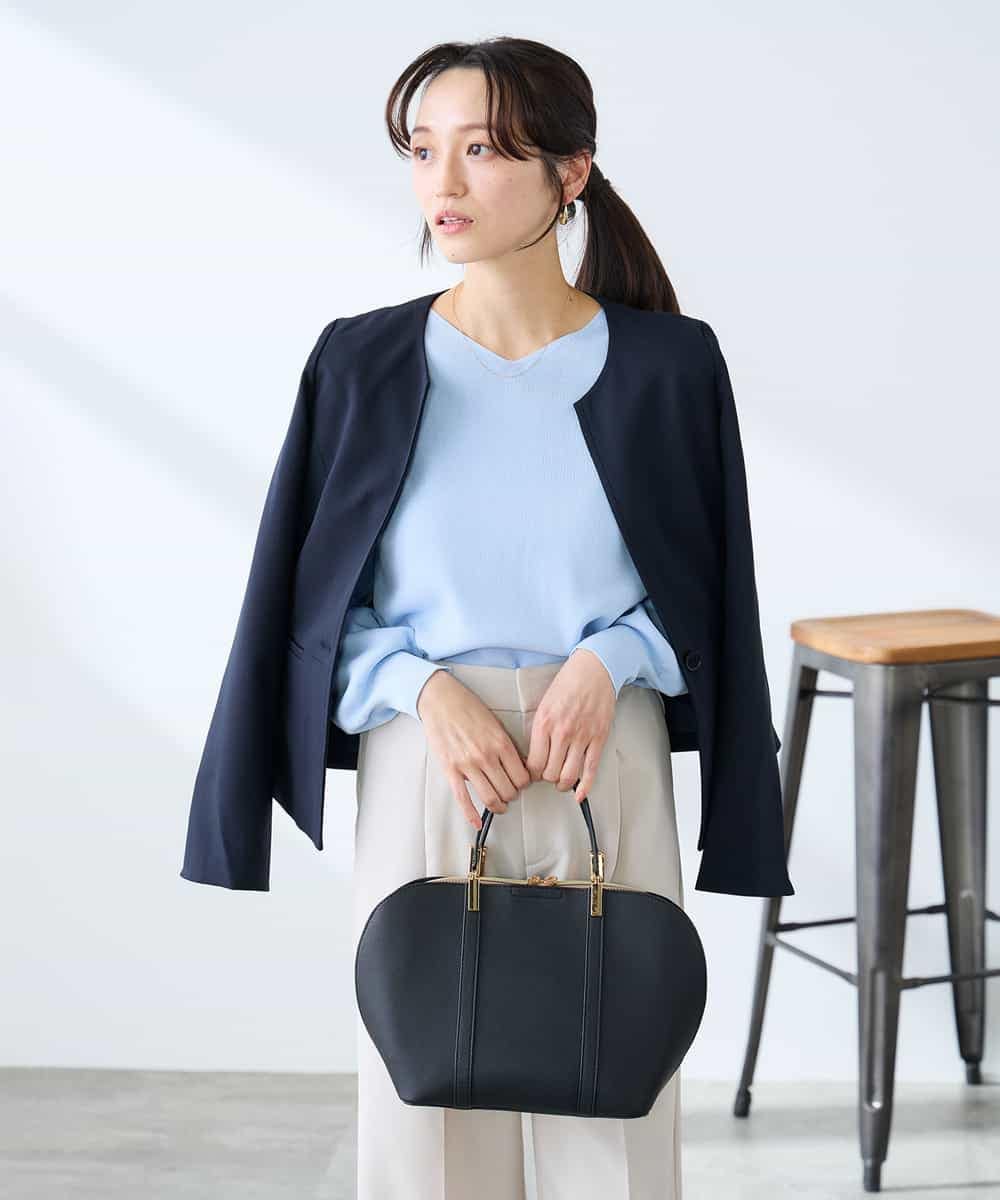 KADFE21109 a.v.v Elmi(アー・ヴェ・ヴェ) 【低身長サイズ】【洗える/UVカット】リネンライクストレッチキーネックジャケット ネイビー