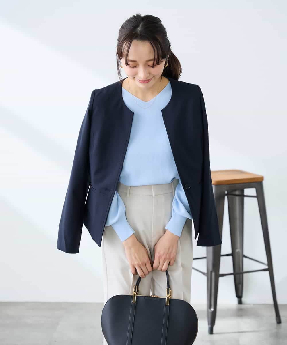 KADFE21109 a.v.v Elmi(アー・ヴェ・ヴェ) 【低身長サイズ】【洗える/UVカット】リネンライクストレッチキーネックジャケット ネイビー