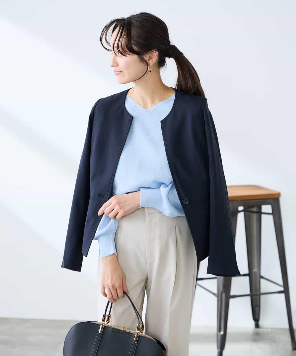 KADFE21109 a.v.v Elmi(アー・ヴェ・ヴェ) 【低身長サイズ】【洗える/UVカット】リネンライクストレッチキーネックジャケット ネイビー