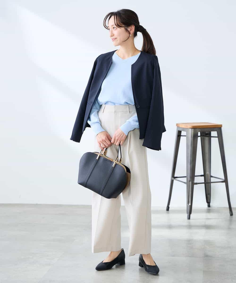 KADFE21109 a.v.v Elmi(アー・ヴェ・ヴェ) 【低身長サイズ】【洗える/UVカット】リネンライクストレッチキーネックジャケット ネイビー