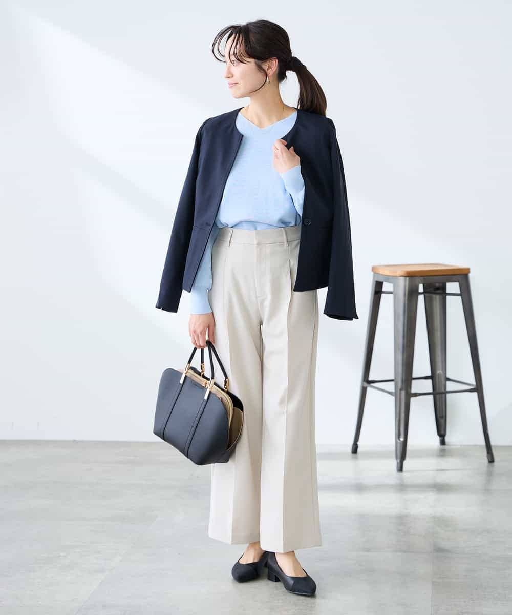 KADFE21109 a.v.v Elmi(アー・ヴェ・ヴェ) 【低身長サイズ】【洗える/UVカット】リネンライクストレッチキーネックジャケット ネイビー