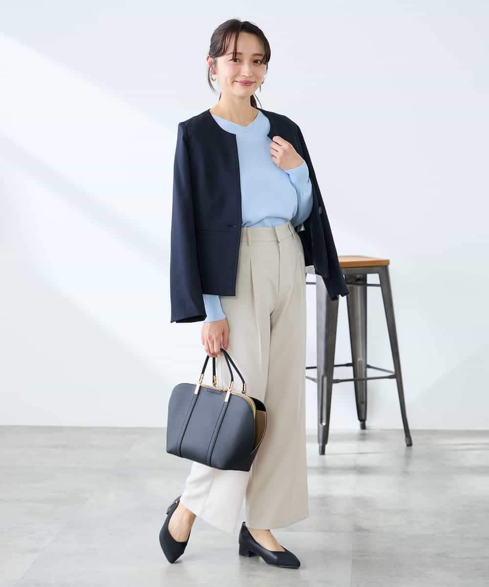 KADFE21109 a.v.v Elmi(アー・ヴェ・ヴェ) 【低身長サイズ】【洗える/UVカット】リネンライクストレッチキーネックジャケット ネイビー