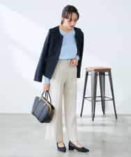 KADFE21109 a.v.v Elmi(アー・ヴェ・ヴェ) 【低身長サイズ】【洗える/UVカット】リネンライクストレッチキーネックジャケット ネイビー