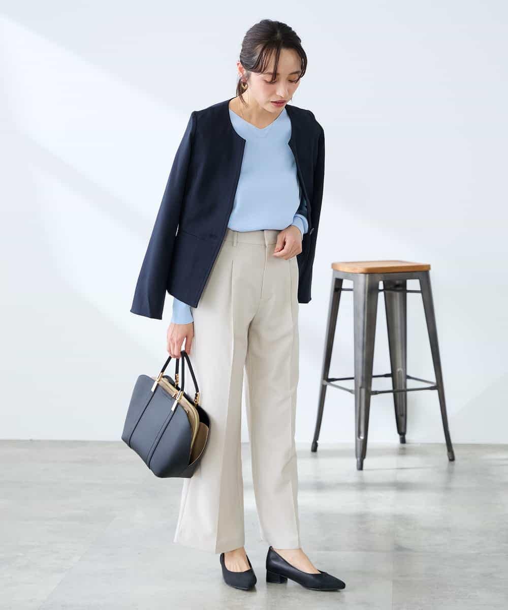 KADFE21109 a.v.v Elmi(アー・ヴェ・ヴェ) 【低身長サイズ】【洗える/UVカット】リネンライクストレッチキーネックジャケット ネイビー