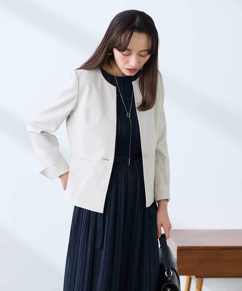 KADFE21109 a.v.v Elmi(アー・ヴェ・ヴェ) 【低身長サイズ】【洗える/UVカット】リネンライクストレッチキーネックジャケット ネイビー