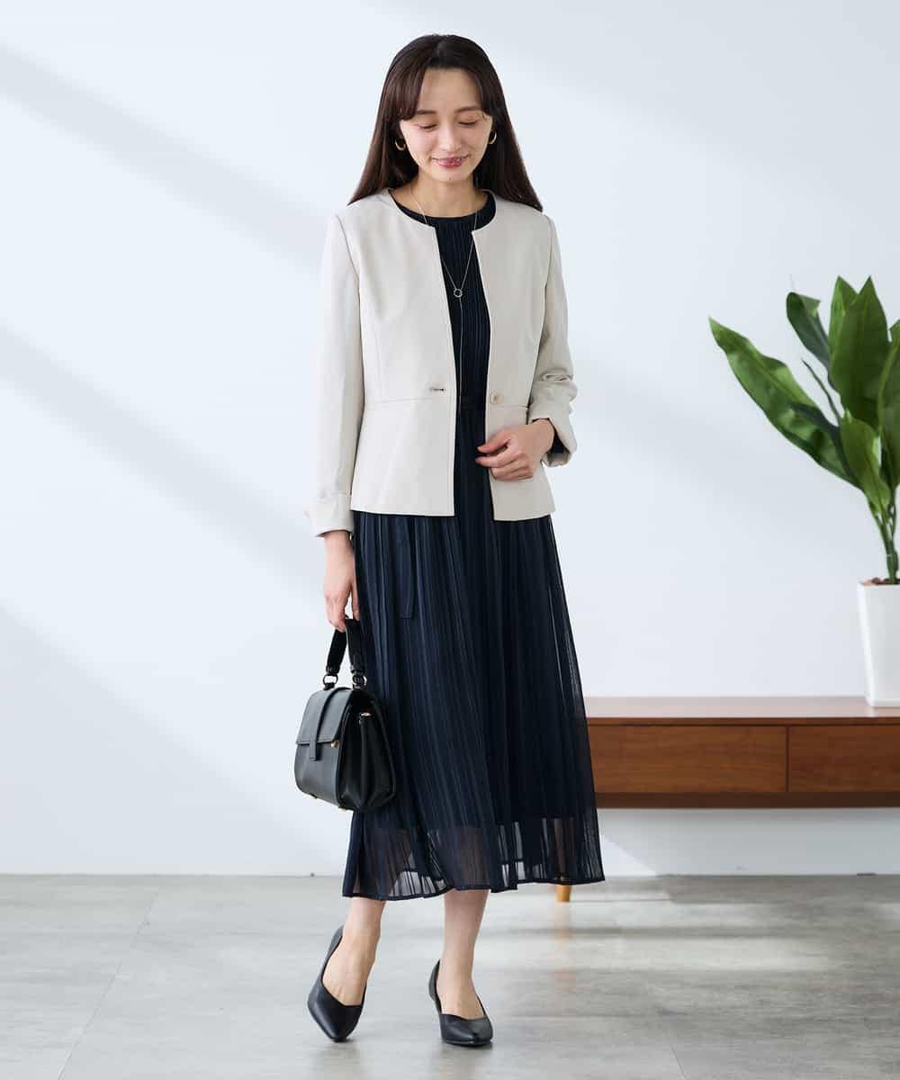 KADFE21109 a.v.v Elmi(アー・ヴェ・ヴェ) 【低身長サイズ】【洗える/UVカット】リネンライクストレッチキーネックジャケット ネイビー