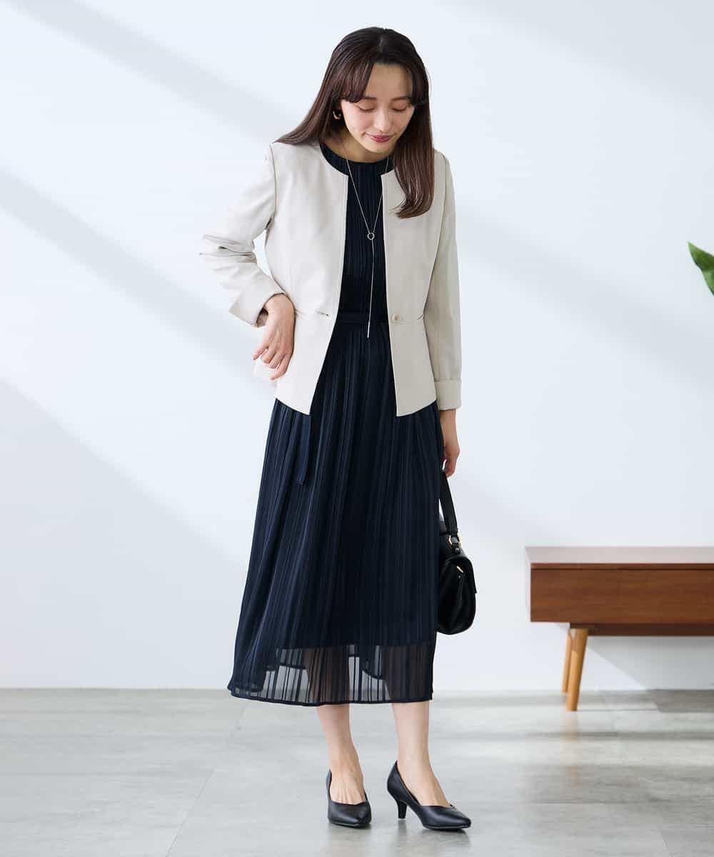 KADFE21109 a.v.v Elmi(アー・ヴェ・ヴェ) 【低身長サイズ】【洗える/UVカット】リネンライクストレッチキーネックジャケット ネイビー