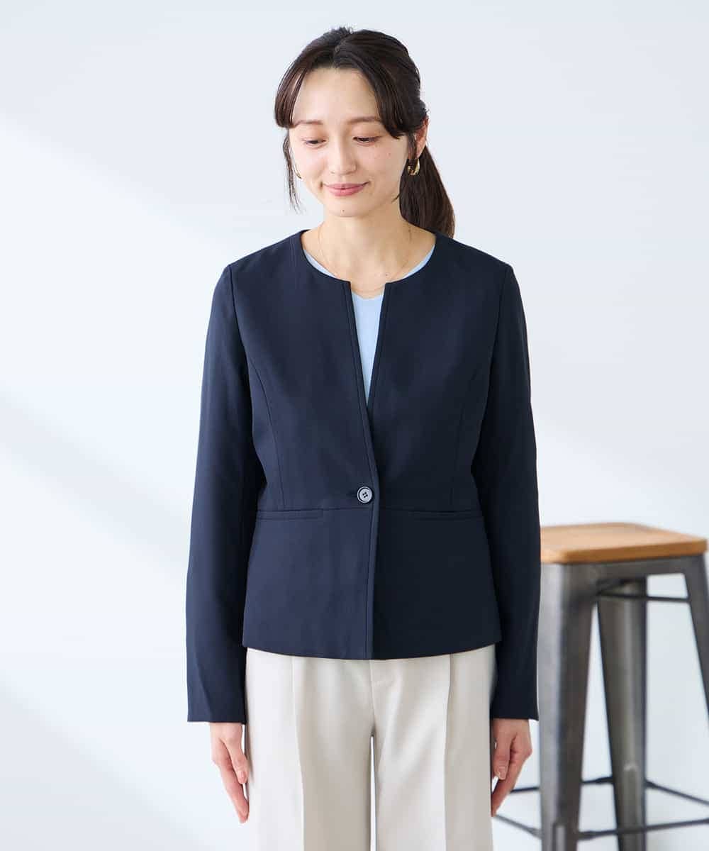 KADFE21109 a.v.v Elmi(アー・ヴェ・ヴェ) 【低身長サイズ】【洗える/UVカット】リネンライクストレッチキーネックジャケット ネイビー