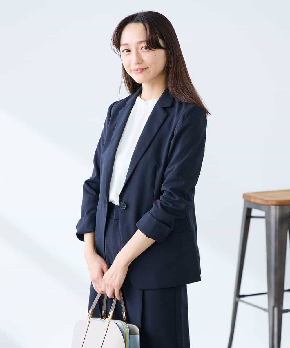 KADFE22109 a.v.v Elmi(アー・ヴェ・ヴェ) 【低身長サイズ】【洗える/UVカット】リネンライクストレッチテーラードジャケット ネイビー