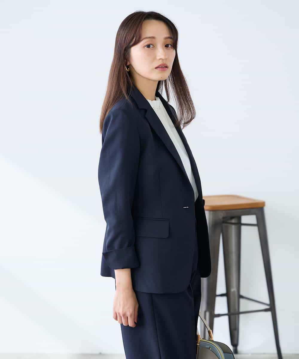 KADFE22109 a.v.v Elmi(アー・ヴェ・ヴェ) 【低身長サイズ】【洗える/UVカット】リネンライクストレッチテーラードジャケット ネイビー