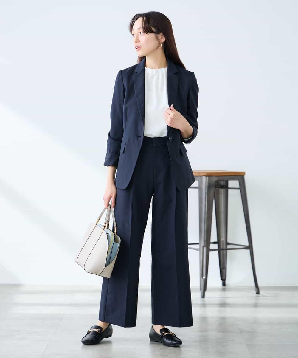 KADFE22109 a.v.v Elmi(アー・ヴェ・ヴェ) 【低身長サイズ】【洗える/UVカット】リネンライクストレッチテーラードジャケット ネイビー