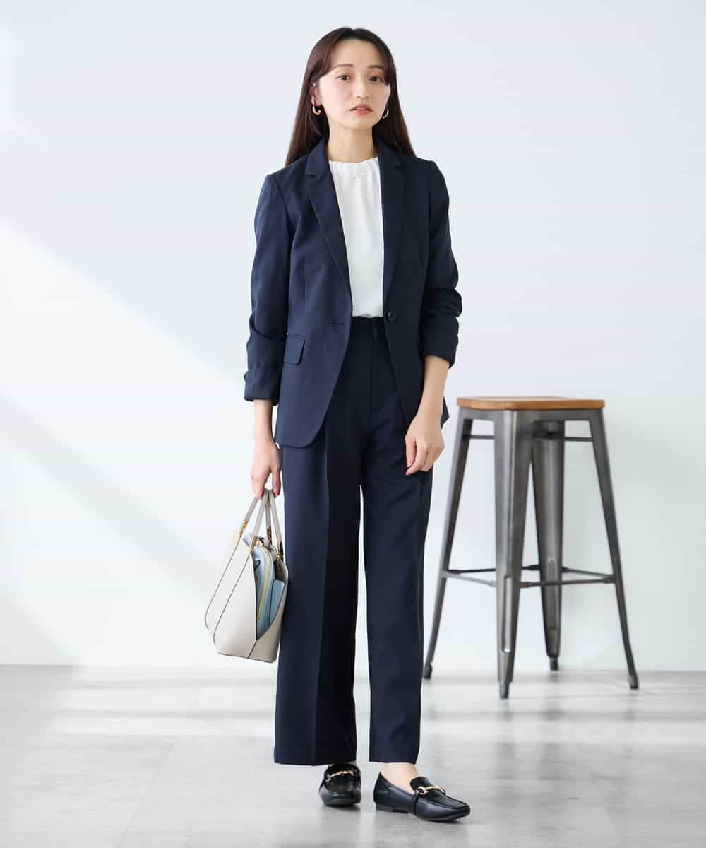 KADFE22109 a.v.v Elmi(アー・ヴェ・ヴェ) 【低身長サイズ】【洗える/UVカット】リネンライクストレッチテーラードジャケット ネイビー