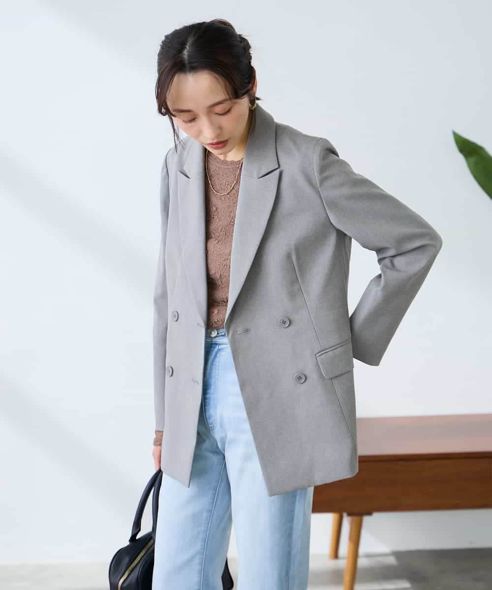 KADFE23109 a.v.v Elmi(アー・ヴェ・ヴェ) 【低身長サイズ】【洗える/UVカット】リネンライクストレッチダブルブレストジャケット ネイビー