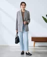 KADFE23109 a.v.v Elmi(アー・ヴェ・ヴェ) 【低身長サイズ】【洗える/UVカット】リネンライクストレッチダブルブレストジャケット ネイビー